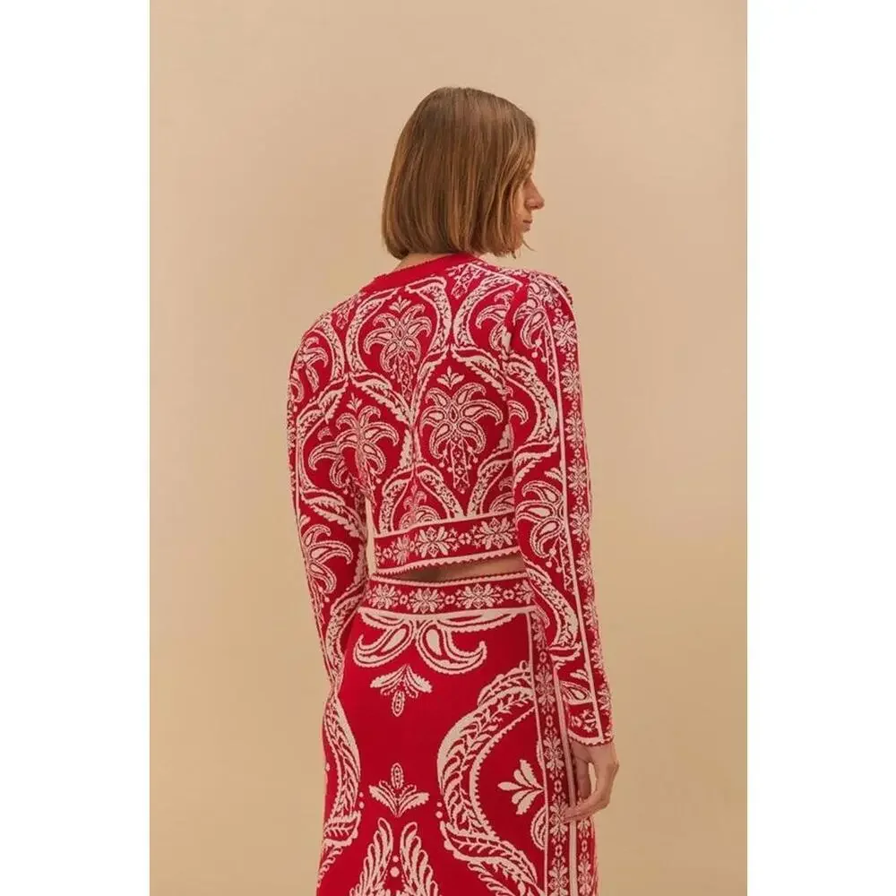 Farm Rio Red & Off White Tropical Jacquard Knit Cardigan Sweater Size XLarge - Picture 2 of 4